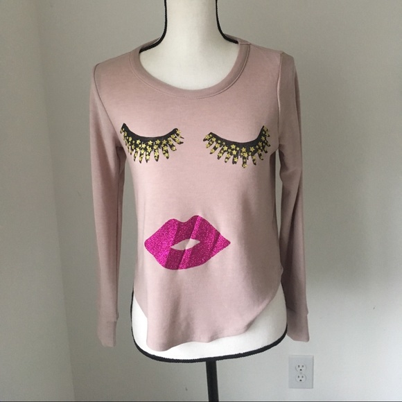 Chaser Tops - Chaser glitter eyelash & lip pink tee XS
